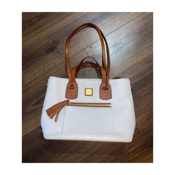 Dooney & Bourke Morgan Satchel White Pebbled Leather Bag Tan Trim Tassel Tote - Picture 2 of 14